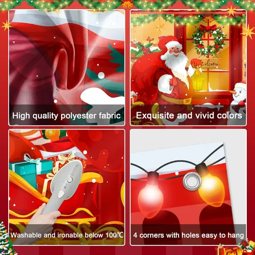 Miniatura 8 de Avezano Telón de fondo de Navidad, pancarta roja de la tienda de juguetes de Santa para fotografía, fondo de tienda de Navidad, decoración