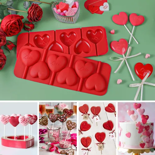 Miniatura 2 de Webake Moldes de Piruleta en Forma de Corazón de 6 Agujeros, Moldes de Caramelo de Chocolate en Forma de Corazón con Palillos de Piruleta, Ideales