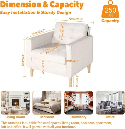 Miniatura 2 de STHOUYN Silla decorativa para sala de estar con patas de madera maciza, silla de lectura moderna de mediados de siglo para dormitorio, sillón cómodo