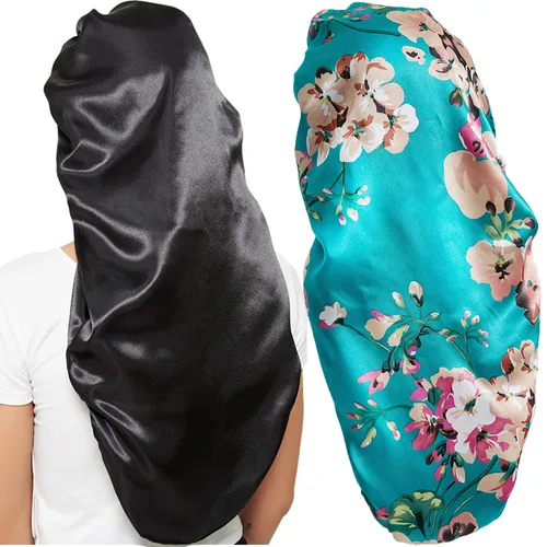 Miniatura 6 de 2 gorros para el cabello para mujer, de satén, banda elástica suave, gorro de dormir sedoso, gorro grande para mujer, gorro para trenzas