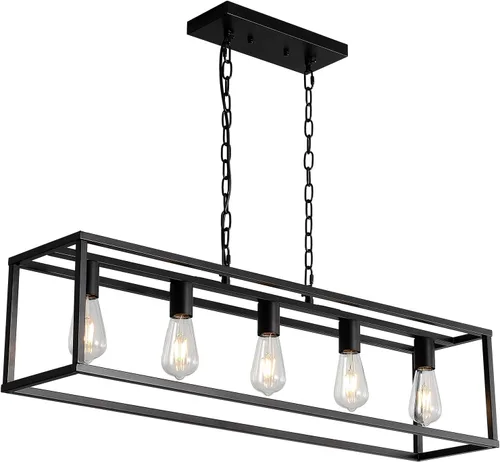 Lámpara de granja para comedor, 5 luces colgantes negras, para colgar en la isla de cocina, lámpara de techo lineal con cadenas ajustables