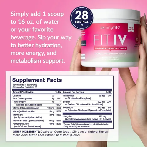 Miniatura 4 de SkinnyFit - Fit IV Polvo de hidratación adelgazante, sandía tropical (frasco, 28 cucharadas) - Fórmula nueva y mejorada - Electrolitos, vitamina C