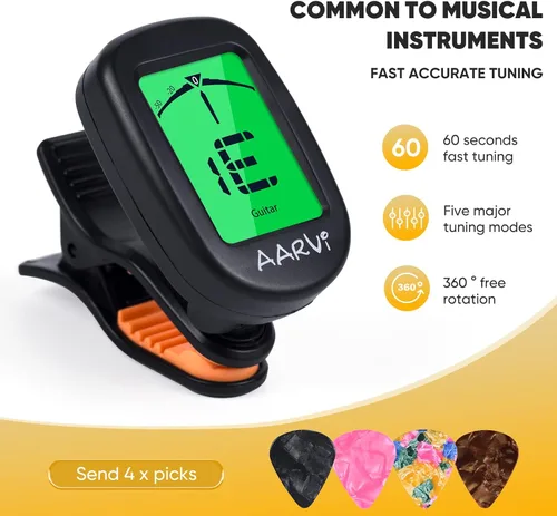 Miniatura 2 de AARVI Afinador de guitarra con clip para todos los instrumentos, guitarra acústica/eléctrica, ukelele, bajo, violín, banjo, pantalla LCD grande
