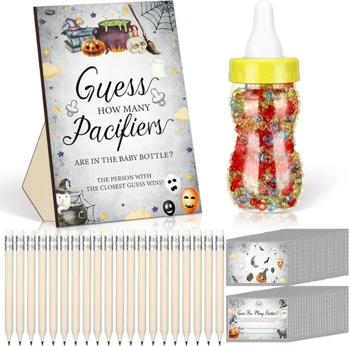 Miniatura 15 de Syhood Greenery Baby Shower Games Guess How Many Pacifiers Sage Game Signal, 50 pequeños juegos de adivinanzas, 20 lápices HB, botella de leche