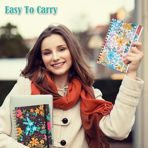 Miniatura 6 de Cuaderno de espiral, diario rayado A5 para mujer, diario en espiral de tapa dura con 2 bolsillos, cuadernos con rayas universitarias, lindo cuaderno
