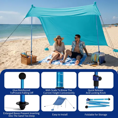 Miniatura 5 de CROWN SHADES Tienda de campaña de playa de 7 x 7, toldo de playa fácil de desplegar, UPF50+, 2 postes ajustables, turquesa