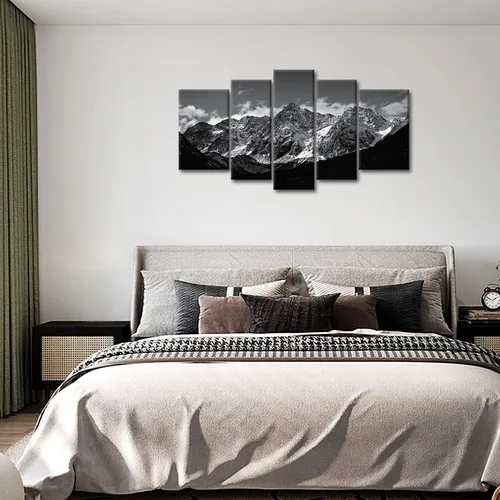 Miniatura 6 de Lienzo decorativo para pared, diseño de montaña en blanco y negro, paisaje de montaña, 5 piezas, impresiones sobre lienzo, arte moderno con marco