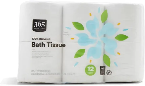 365 by Whole Foods Market, Papel de baño 100% reciclado, ultra fuerte, 260 hojas por rollo, 12 unidades