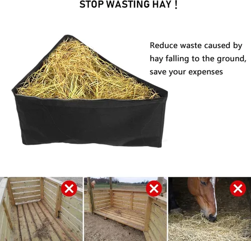 Miniatura 8 de Asooll Comedero de esquina para caballos, bolsa de heno de gran capacidad, con parte inferior de malla y broches para caballo, color negro