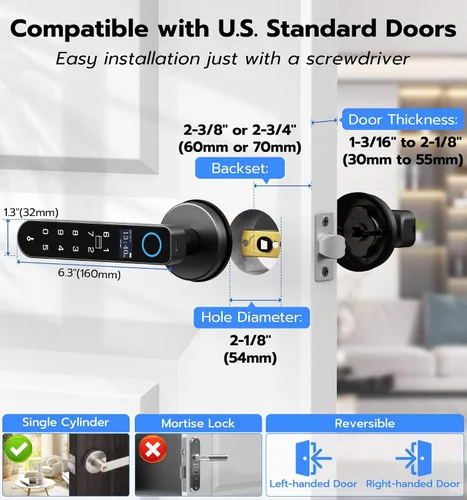 Miniatura 5 de Anweller - Cerradura inteligente de perilla de puerta con pantalla de visualización, cerradura de puerta de entrada sin llave con huella digital