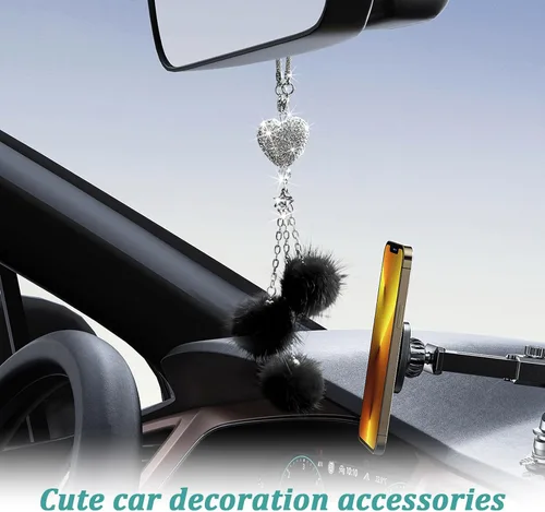 Miniatura 5 de Ziciner Accesorios de Interior de Coche con Diamantes Brillantes en Forma de Corazón - Adorno Colgante de Corazón y Bola de Felpa Rosa, Encanto