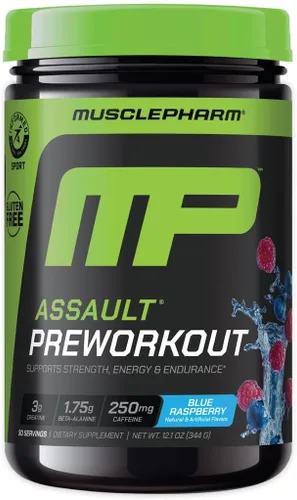 MusclePharm Assault Sport Polvo de preentrenamiento con alta dosis de energía, enfoque, fuerza y resistencia, frambuesa azul, 30 porciones