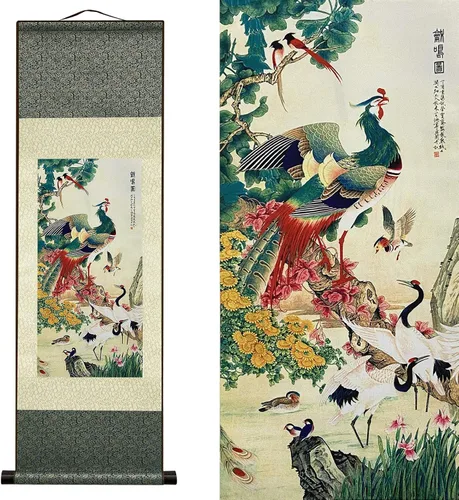 Miniatura 14 de AtfArt Decoración asiática de pared, hermosa pintura de pergamino de seda, 4 flores de hombre justo, orquídea ciruela, bambú, crisantemo, decoración