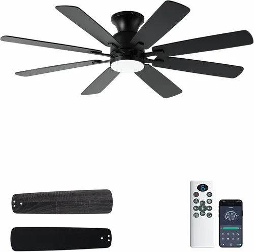 KNUN - Ventilador de techo negro de 52 pulgadas, ventiladores de techo de perfil bajo con luces y control remoto/APP, 8 aspas, silencioso, motor CC,