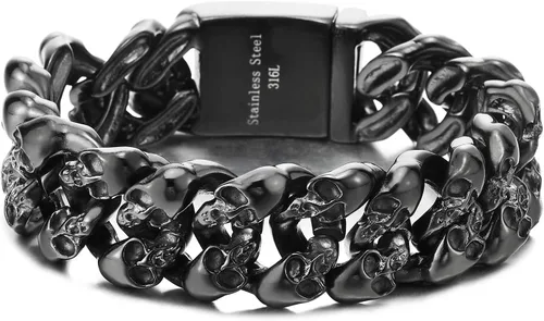 COOLSTEELANDBEYOND Pulsera de acero trenzado vintage para hombre con calaveras, cierre de resorte, motociclista gótico