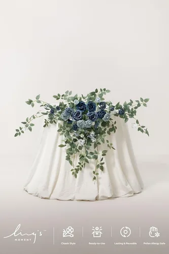 Miniatura 2 de Ling's moment 2 piezas de guirnaldas florales artificiales azul polvoriento, centros de mesa de rosas, decoración de flores de boda, arreglos