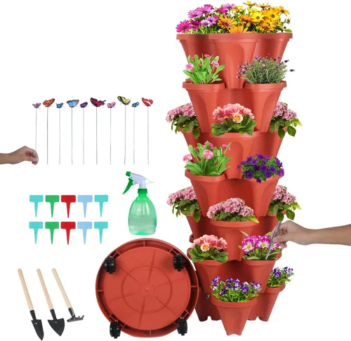 Miniatura 37 de Macetas apilables de polipropileno DUNCHATY, de 5 niveles, verde pino, para interior/exterior, 29" de altura x 13.6" de diámetro 2-1 Paquete