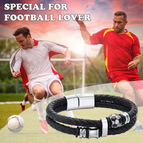 Miniatura 4 de TempBeau Pulsera de cuero genuino de fútbol para hombre, pulsera de cuero trenzado para niño, pulsera de cuero negro, regalos para papá, Acero