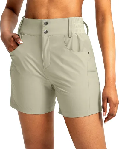 Miniatura 11 de Viodia - Pantalones cortos de senderismo de 5" para mujer, para golf con bolsillos, de cintura alta, elásticos, cargo, pantalones cortos para mujer