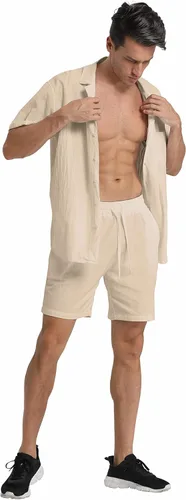 Miniatura 3 de RPOVIG Conjunto corto de camisa de lino conjunto casual de 2 piezas para hombre