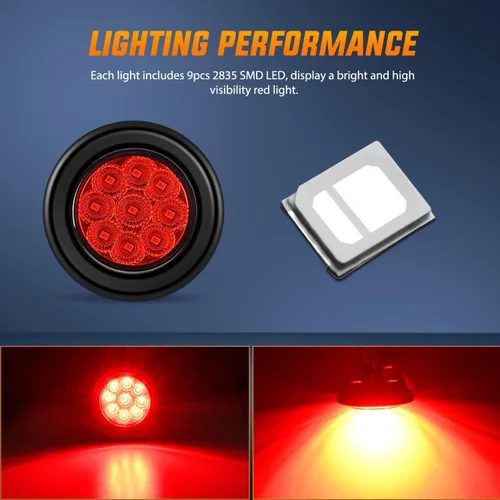 Miniatura 4 de Nilight Luz de marcador redonda de 2 pulgadas, 2 piezas, roja, 9 LED, luces de gálibo LED, montaje al ras con enchufe, ojal, coleta, cableado Rojo