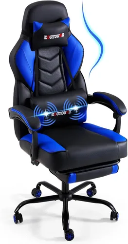 ECOTOUGE Silla de juegos con reposapiés, silla grande y alta con soporte lumbar de masaje, silla ergonómica con respaldo alto reclinable, silla Azul