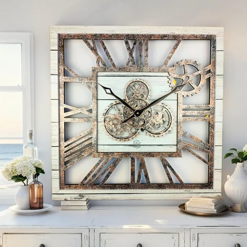 Miniatura 5 de ImprovingLife The Gears Clock - Reloj de pared cuadrado con engranaje móvil real de 24 pulgadas, estilo vintage, industrial, de gran tamaño, casa
