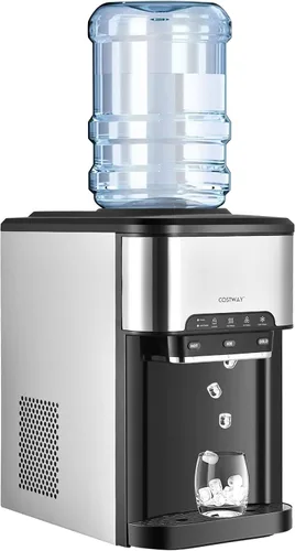 COSTWAY Dispensador de agua 3 en 1 con máquina de hielo, máquina enfriadora de agua caliente y fría de carga superior para el hogar, bloqueo de