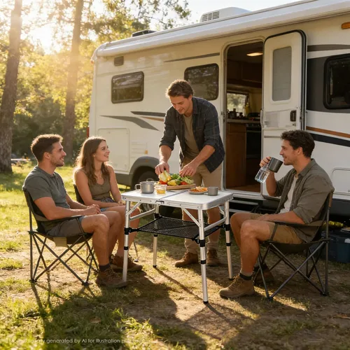 Miniatura 2 de YUFIFAIRY Mesa de campamento plegable pequeña, mesa portátil de 2 pies con 3 alturas ajustables, mesa de picnic plegable ligera de aluminio con capa
