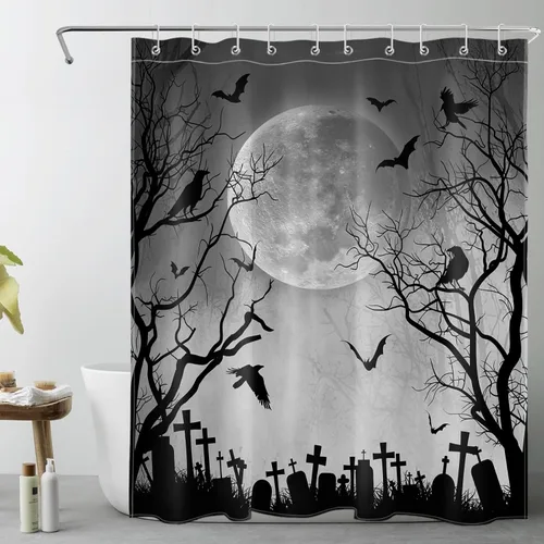Miniatura 15 de Cortina de ducha de Halloween, cuervo negro, murciélago y árbol muerto en un bosque brumoso espeluznante con ganchos, cortina de baño de noche