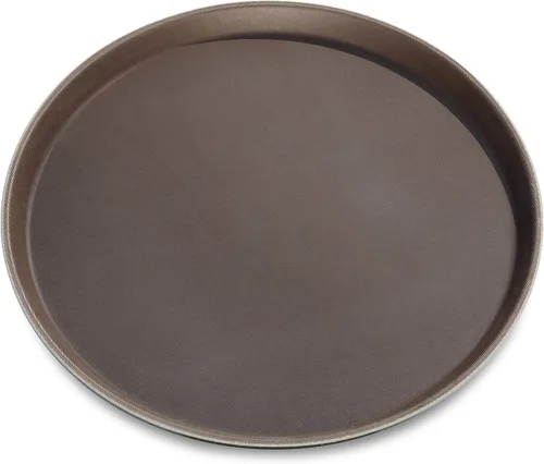 Miniatura 3 de New Star Foodservice Bandeja antideslizante de grado restaurante, bandeja redonda de plástico marrón de 14 pulgadas con superficie forrada de goma