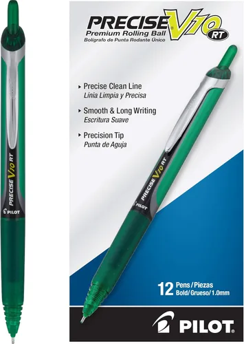 Pilot, Precise V10 RT - Bolígrafos recargables y retráctiles, punta gruesa de 0.039 in, color verde, paquete de 12