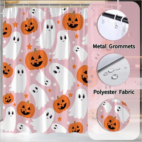 Miniatura 5 de Bonita cortina de ducha fantasma de Halloween, calabaza espeluznante, divertida tela de dibujos animados para decoración de baño, bañera con ganchos