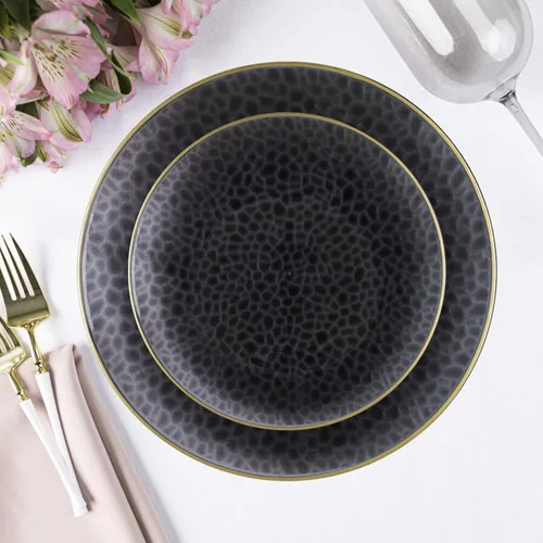 Miniatura 2 de EcoQuality Platos redondos de plástico martillado negro translúcido de 10 pulgadas con borde dorado – Platos de fiesta similares a China, cargador