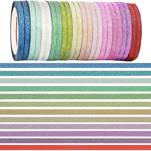 YUKUNTANG Juego de cinta adhesiva Washi con purpurina, 24 rollos, 3mm x 120,6 metros, cinta adhesiva decorativa de lámina metálica brillante para