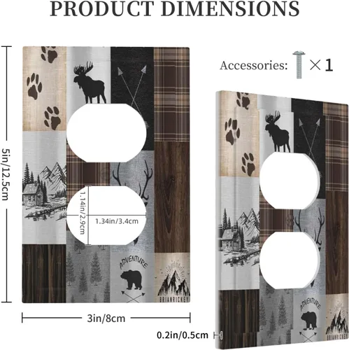 Miniatura 5 de Cubiertas de pared de lodge rústico retro con diseño de osos, ciervos y animales salvajes. Placas de pared dúplex simples para interruptor de luz.