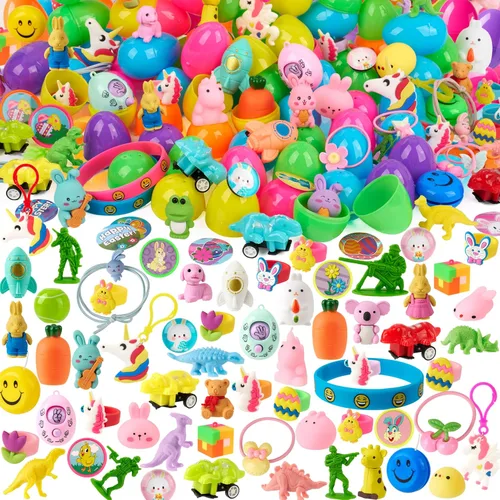 Miniatura 11 de JOYIN 200 huevos de Pascua precargados con juguetes surtidos y calcomanías en el interior, huevos de Pascua rellenos para niños, rellenos