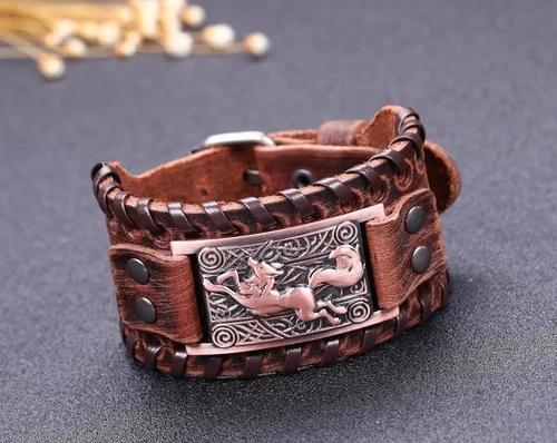Miniatura 5 de Lemegeton Viking Runing Wolf Fox Celta Knotwork - Pulsera de cuero ancha para hombre, joyería punk vintage, Metal