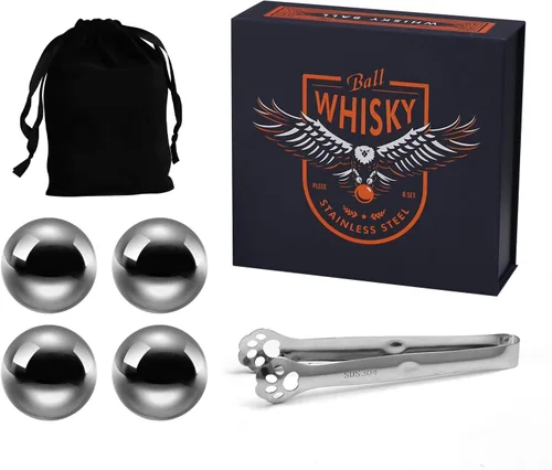 Miniatura 15 de 4 piedras grandes para whisky de 64 cm³ (4 pulg³) - Juego para regalo de hombre - Cubos esféricos de hielo de acero inoxidable reutilizables para 4