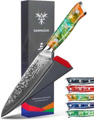 Cuchillo utilitario de cocina de 5 pulgadas, cuchillos de cocina de la serie Xuan, acero de damasco VG10 con mango de resina (naranja fantasía)