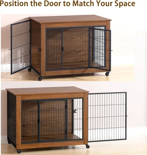 Miniatura 6 de Mueble de jaula para perros de 38.6 pulgadas con ruedas, mesa de madera resistente para perrera, jaula para mascotas de interior con 2 puertas, caja