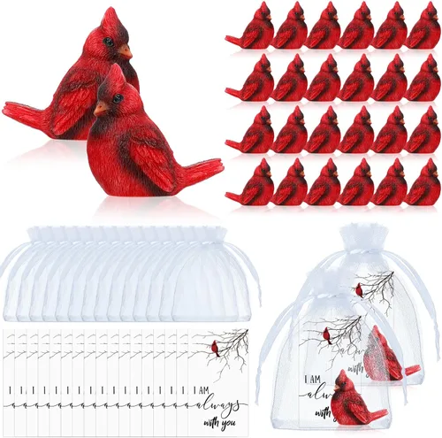 Miniatura 8 de Roowest El juego de 18 piezas de regalo conmemorativo cardenal incluye mini figuras de estatua de pájaro cardenal rojo, tarjetas de plumas rojas