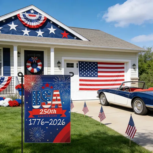 Miniatura 3 de Bandera de jardín con el 250 aniversario de Estados Unidos, bandera de Estados Unidos del 250 aniversario 1776-2026, bandera patriótica Azul