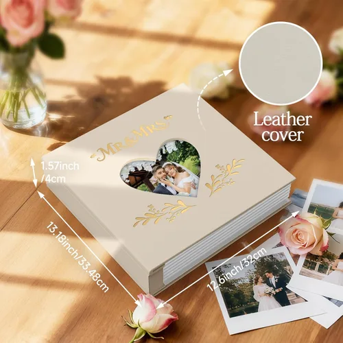 Miniatura 2 de Wedding Photo Album 4x6 with 400 Pockets, Custom Engraved Beige Leather Memory Book for Engagement, Bridal Shower & Keepsake Gift, Beige Leather