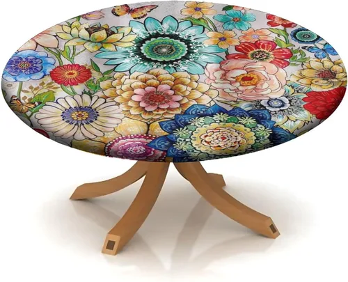 Miniatura 8 de Mantel redondo con borde elástico, mantel de poliéster lavable para decoración de interiores y fiestas, comedor, se adapta a mesas de hasta 32