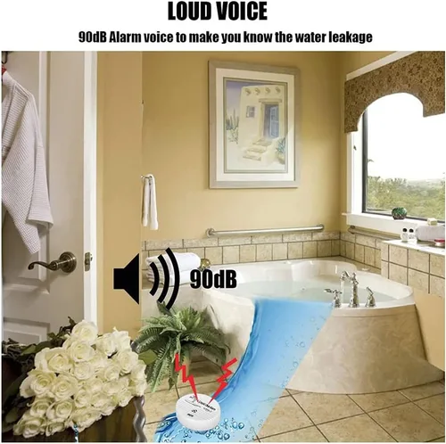 Miniatura 5 de WER Sensor de alarma de fugas de agua, alerta de fugas a batería, detector de agua de 90 dB para sótanos, baños, lavanderías, cocinas, garajes