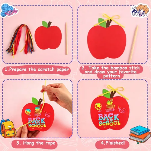 Miniatura 6 de JULMELON Paquete de 36 tarjetas para rascar con diseño de manzanas para el regreso a clases, tarjetas para rascar arcoíris con cintas de lápiz