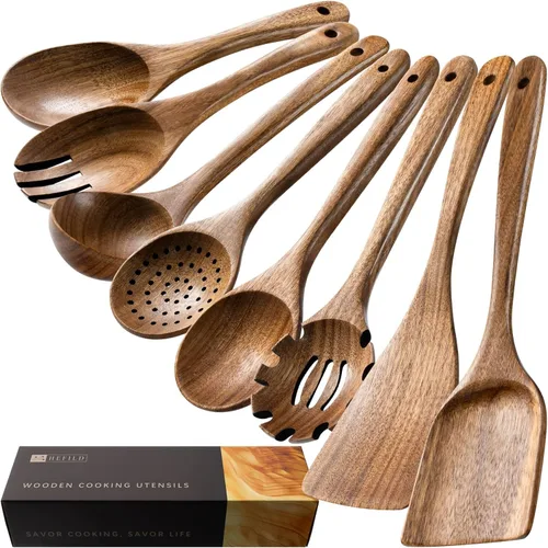 Miniatura 6 de Cucharas de madera para cocinar, juego de utensilios de cocina antiadherentes con 9 espátulas de madera de acacia y cucharas para cocinar, excelente