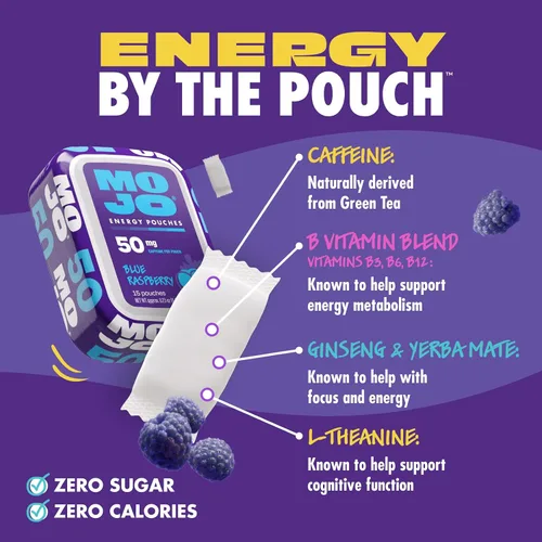 Miniatura 3 de Bolsas de energía MOJO sabor frambuesa azul, 50 mg de cafeína por bolsita, 15 bolsitas, paquete individual