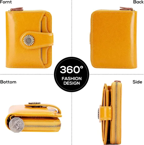 Miniatura 4 de INSIFEEL Billetera pequeña para mujer, bolso compacto de cuero con bloqueo RFID RFID para mujer, Amarillo, Retro
